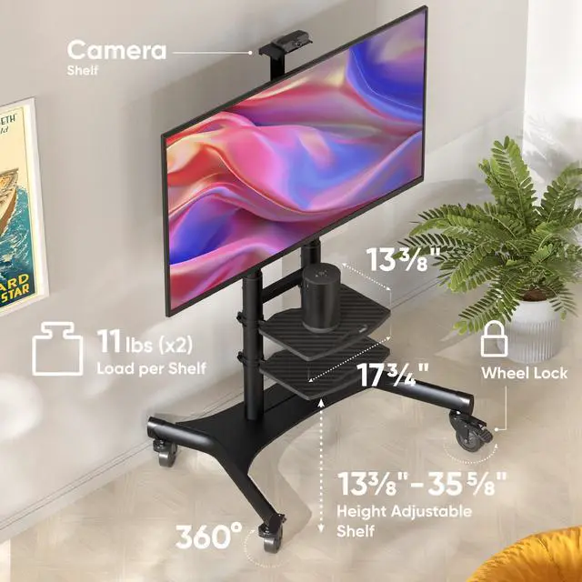 Alt view image 4 of 7 - ONKRON Mobile TV Stand with Wheels Rolling TV Stand for 50-83 Inch LED LCD Flat or Curved Screen TVs up to 200 lbs - Height Adjustable TV Cart with Shelves - max VESA 800x500 mm (TS1881) Black