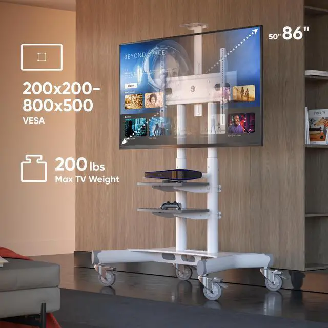Alt view image 2 of 7 - ONKRON Mobile TV Stand with Wheels Rolling TV Stand for 50-83 Inch LED LCD Flat or Curved Screen TVs up to 200 lbs - Height Adjustable TV Cart with Shelves - max VESA 800x500 mm (TS1881) White