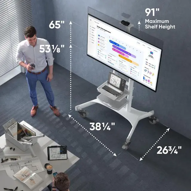 Alt view image 3 of 7 - ONKRON Mobile TV Stand with Wheels Rolling TV Stand for 50-83 Inch LED LCD Flat or Curved Screen TVs up to 200 lbs - Height Adjustable TV Cart with Shelves - max VESA 800x500 mm (TS1881) White