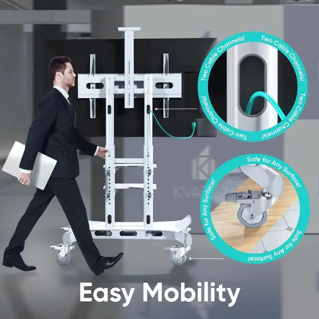 Alt view image 5 of 7 - ONKRON Mobile TV Stand with Wheels Rolling TV Stand for 50-83 Inch LED LCD Flat or Curved Screen TVs up to 200 lbs - Height Adjustable TV Cart with Shelves - max VESA 800x500 mm (TS1881) White