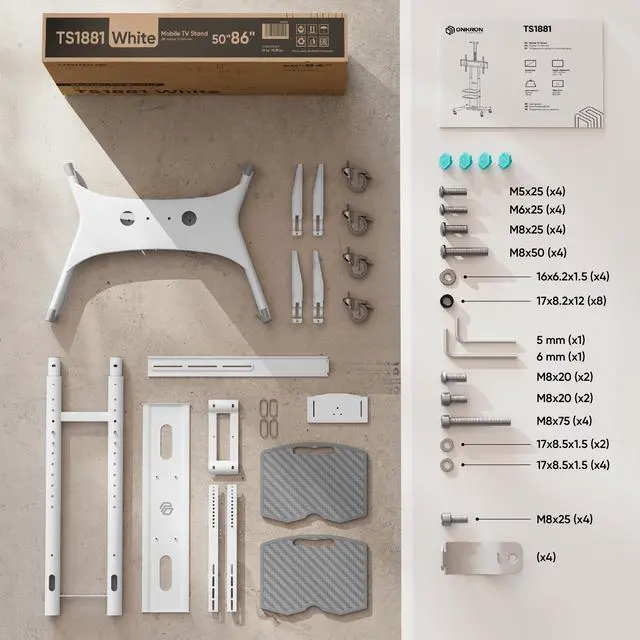 Alt view image 7 of 7 - ONKRON Mobile TV Stand with Wheels Rolling TV Stand for 50-83 Inch LED LCD Flat or Curved Screen TVs up to 200 lbs - Height Adjustable TV Cart with Shelves - max VESA 800x500 mm (TS1881) White