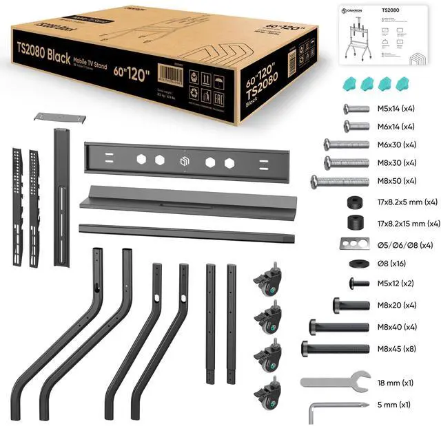 Alt view image 7 of 7 - ONKRON Portable TV Stand with Wheels - Mobile TV Cart for 60-120" TVs up to 331 lbs, TV Cart Rolling TV Stand Height Adjustable, TV Stand Rolling TV Mount with 2 Shelves, Heavy Duty Stand Black