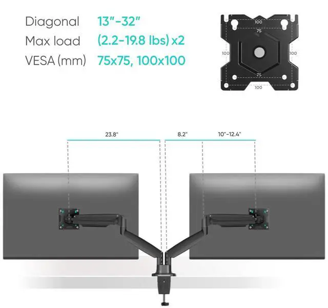 Alt view image 3 of 7 - ONKRON Dual Monitor Arm for 13-32 inch Flat/Curved Screens up to 19.8 lbs Each - Adjustable Monitor Mounts for 2 Monitors, Gas Spring Dual Computer Monitor Stand for Desk, VESA 75x75 100x100, Black