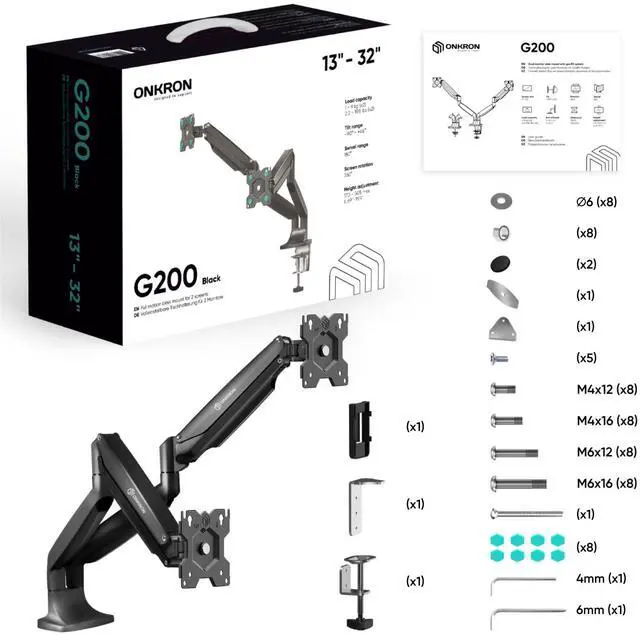 Alt view image 7 of 7 - ONKRON Dual Monitor Arm for 13-32 inch Flat/Curved Screens up to 19.8 lbs Each - Adjustable Monitor Mounts for 2 Monitors, Gas Spring Dual Computer Monitor Stand for Desk, VESA 75x75 100x100, Black