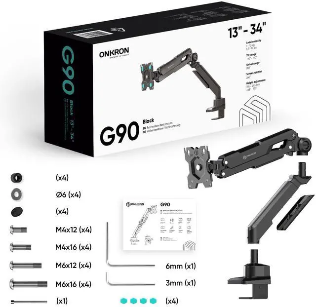 Alt view image 7 of 7 - ONKRON Monitor Arm - Full Motion Desk Mount for 13 - 34 Inch Flat or Curved Screens up to 22 lbs - Single Monitor Desk Mount - Adjustable Gas Spring Monitor Arm, VESA 75x75 100x100, Black