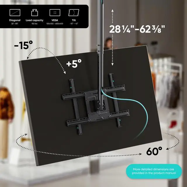 Alt view image 2 of 7 - ONKRON Ceiling TV Mount Hanging Height Adjustable TV Bracket - Drop Down TV Mount - Full Motion Pole TV Mount for 32 to 70 Inch LED LCD OLED 4K TVs, Flat Screens up to 150 lbs (N1L) Black