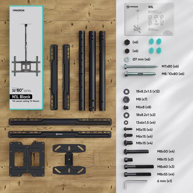 Alt view image 7 of 7 - ONKRON Ceiling TV Mount Hanging Height Adjustable TV Bracket - Drop Down TV Mount - Full Motion Pole TV Mount for 32 to 70 Inch LED LCD OLED 4K TVs, Flat Screens up to 150 lbs (N1L) Black