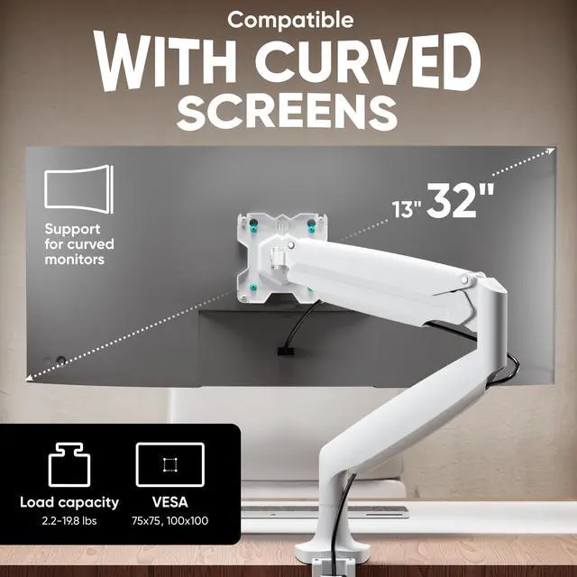 Alt view image 2 of 7 - ONKRON Monitor Arm-Full Motion Desk Mount for 13-32 Inch Flat or Curved Screens up to 19.8 lbs- Single Monitor Desk Mount-Adjustable Gas Spring Monitor Arm, VESA 75x75,100x100, White