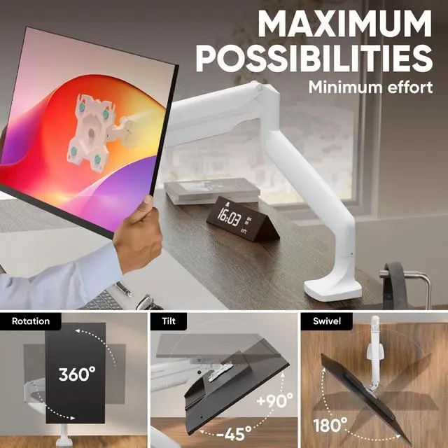 Alt view image 4 of 7 - ONKRON Monitor Arm-Full Motion Desk Mount for 13-32 Inch Flat or Curved Screens up to 19.8 lbs- Single Monitor Desk Mount-Adjustable Gas Spring Monitor Arm, VESA 75x75,100x100, White