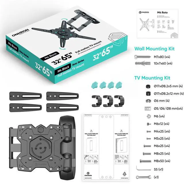 Alt view image 7 of 7 - ONKRON Wall Mount TV Bracket , 32 - 65 Inch TV Mount for TVs up to 90.4 lbs, VESA 100x100 - VESA 400x400 Wall Mount, Tilt & Swivel TV Wall Mount / Corner TV Wall Mount , Universal TV Mount , M4R Black