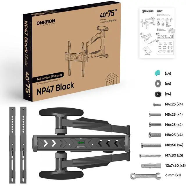 Alt view image 7 of 7 - ONKRON Full Motion TV Wall Mount for 40 - 75 Inch TVs up to 77 lbs, Extendable TV Mount Swivel and Tilt, Articulating Arm VESA 100x100 - 400x400, Corner Television Wall Mount Bracket Black