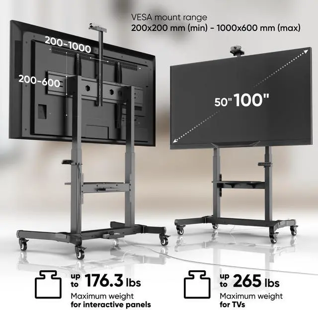 Alt view image 3 of 7 - ONKRON Motorized TV Lift with Wheels - Mobile TV Stand Cart for 50-100 Inch Flat/Curved Screens up to 265 lbs - Height Adjustable TV Cart - Automatic TV Lift Mechanism with Remote Control, Black