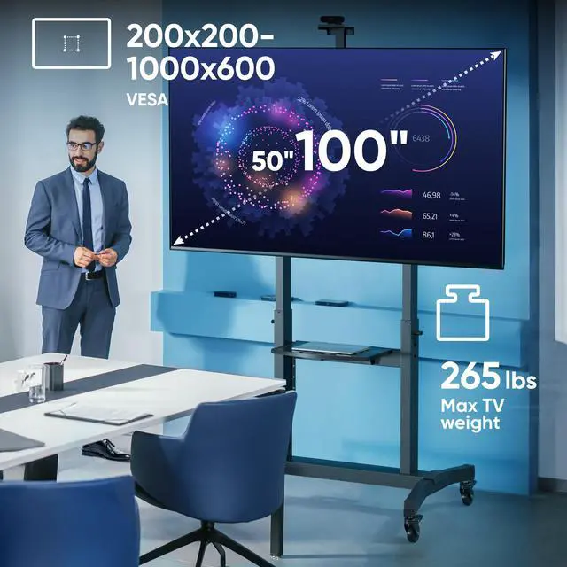 Alt view image 2 of 7 - ONKRON Mobile TV Stand Mobile TV Cart with Wheels for 50-100 Inch LCD LED Flat Curved Screens up to 265 lbs, Height Adjustable Portable TV Stand with Tilt, Large Base, Max VESA 1000x600 mm, Black