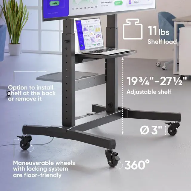 Alt view image 5 of 7 - ONKRON Mobile TV Stand Mobile TV Cart with Wheels for 50-100 Inch LCD LED Flat Curved Screens up to 265 lbs, Height Adjustable Portable TV Stand with Tilt, Large Base, Max VESA 1000x600 mm, Black