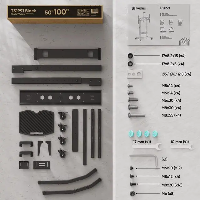 Alt view image 7 of 7 - ONKRON Mobile TV Stand Mobile TV Cart with Wheels for 50-100 Inch LCD LED Flat Curved Screens up to 265 lbs, Height Adjustable Portable TV Stand with Tilt, Large Base, Max VESA 1000x600 mm, Black