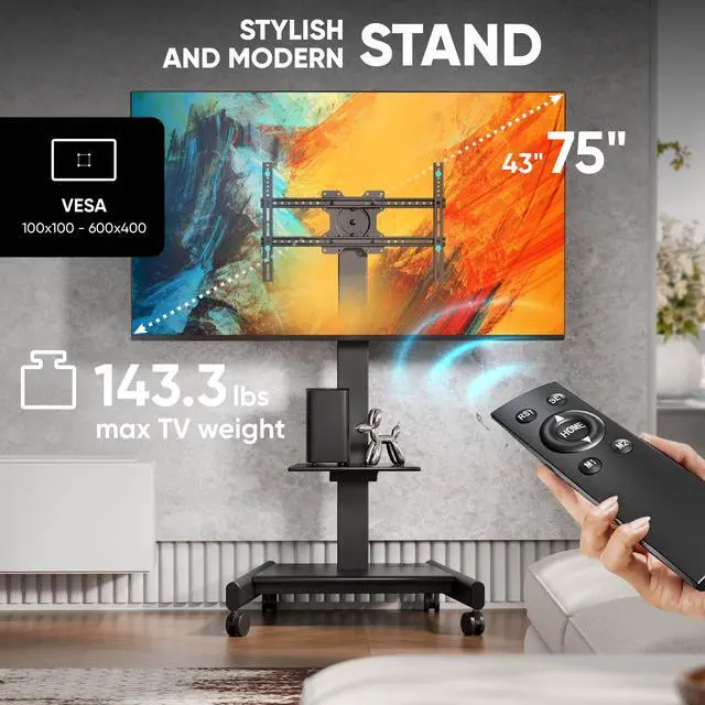 Alt view image 2 of 7 - ONKRON Motorized TV Stand on Wheels for 43 - 75 Inch Screen, max Load 154.3 lbs, Adjustable Height with Remote, TV Portable Stand Tilt, max VESA 600x400 Movable, Mobile TV Cart Rolling TV Stand Black