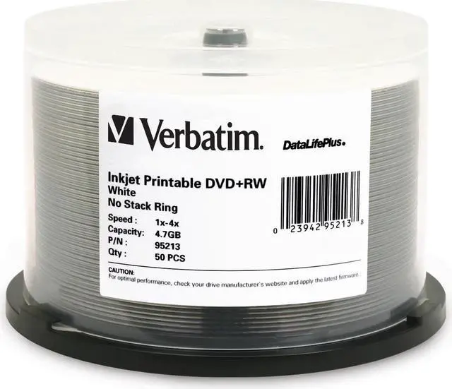 Main image of Verbatim DVD+RW 4.7GB 4X DataLifePlus White Inkjet Printable - 50pk Spindle - TAA Compliant