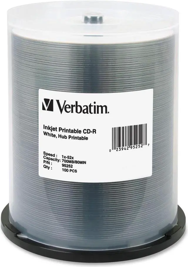 Main image of Verbatim CD-R 700MB 52X White Inkjet Printable, Hub Printable - 100pk Spindle