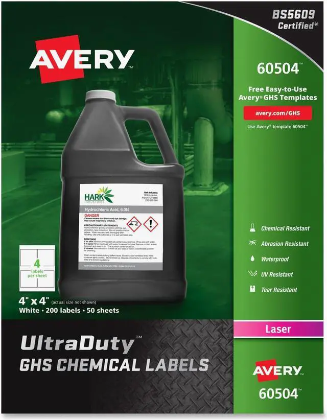 Alt view image 2 of 2 - AVERY 60504 4" x 4" GHS Chemical Labels for Laser Printers, 200 labels/50-sheets