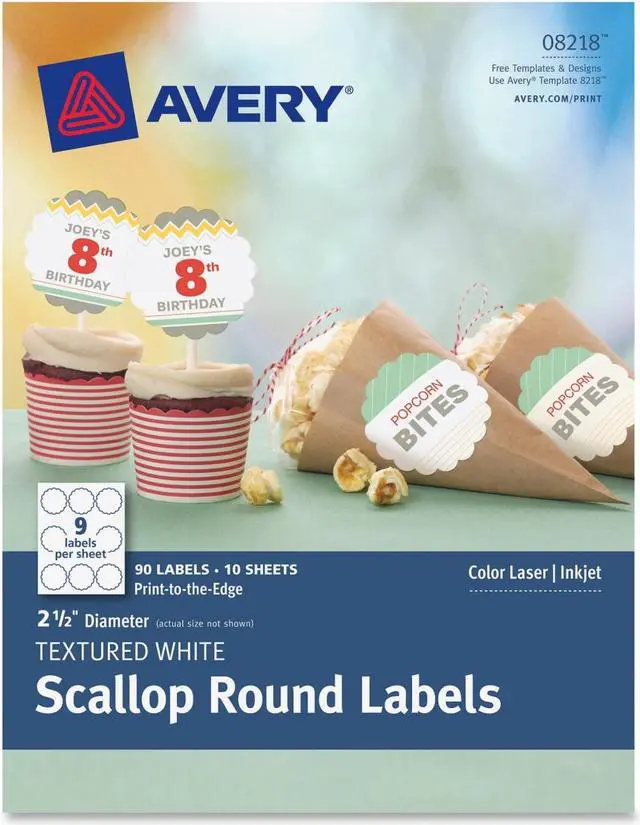 Main image of Avery Textured White Scallop Round Labels 08218, 2-1/2" Diameter, Pack of 90