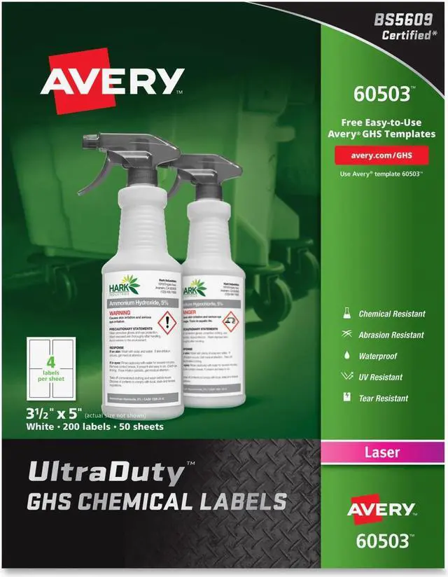Alt view image 3 of 3 - AVERY 60503 3-1/2" x 5" GHS Chemical Labels for Laser Printers, 200