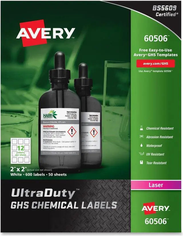Alt view image 2 of 2 - AVERY 60506 2" x 2" GHS Chemical Labels for Laser Printers, 600 labels/50-sheets