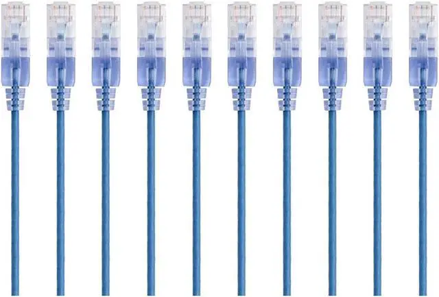 Main image of Monoprice SlimRun Cat6A Ethernet Patch Cable - Network Internet Cord - RJ45, 550Mhz, UTP, Pure Bare Copper Wire, 10G, 30AWG, 3ft, Blue, 10-Pack