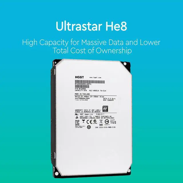 Alt view image 2 of 6 - HGST Ultrastar He8 HUH728060ALE604 (0F23669) 6TB 7200 RPM 128MB Cache SATA 6.0Gb/s 3.5" Helium Platform Enterprise Hard Drive Bare Drive