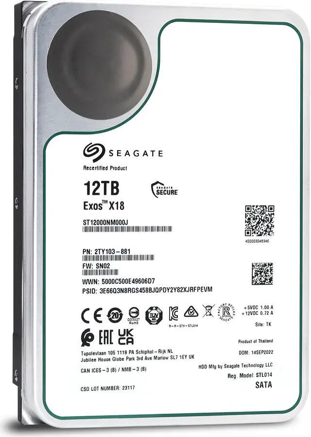 Alt view image 7 of 7 - Seagate Exos X18 12TB 7200 RPM SATA 6Gb/s 3.5" Enterprise HDD (ST12000NM000J)