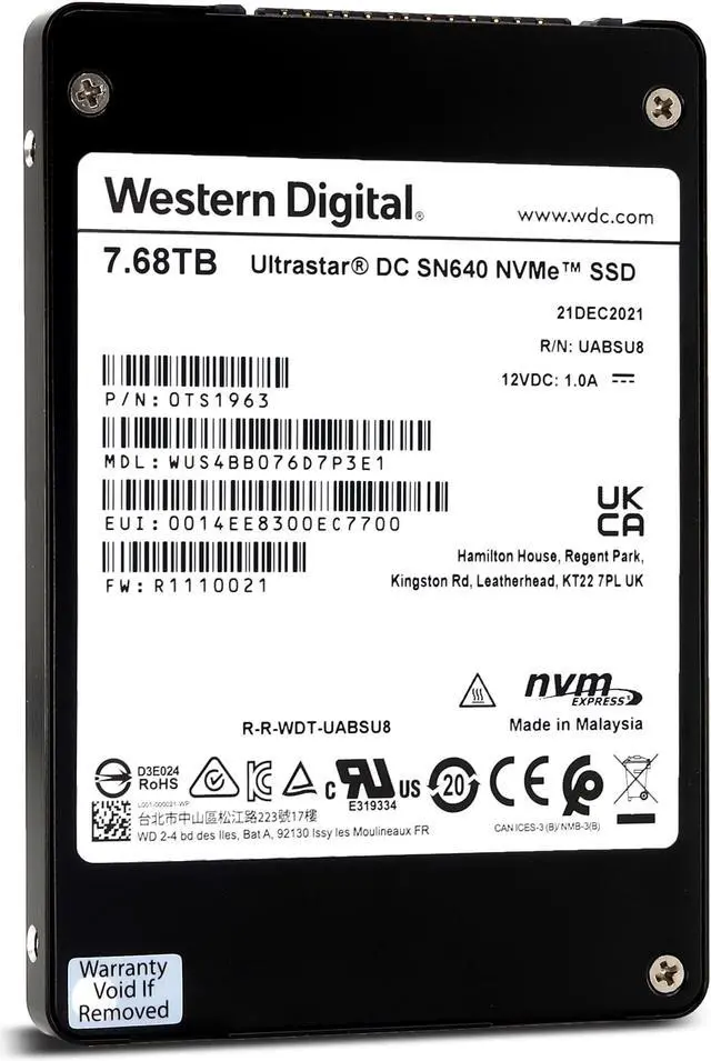 Alt view image 5 of 10 - WD Ultrastar DC SN640 7.68TB PCIe Gen3.1 x4 U.2 NVMe 2.5" SSD (WUS4BB076D7P3E1)