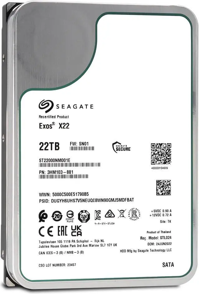 Alt view image 3 of 7 - Seagate Exos X22 22TB SATA 6Gb/s 3.5" Enterprise Hard Drive - ST22000NM001E