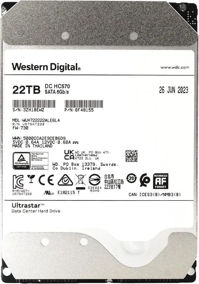 Alt view image 5 of 10 - WD WUH722222ALE6L4 Ultrastar DC HC570 0F48155 22TB 512MB Cache 7200RPM SATA 6.0Gb/s 512E SE 3.5" Internal Hard Drive
