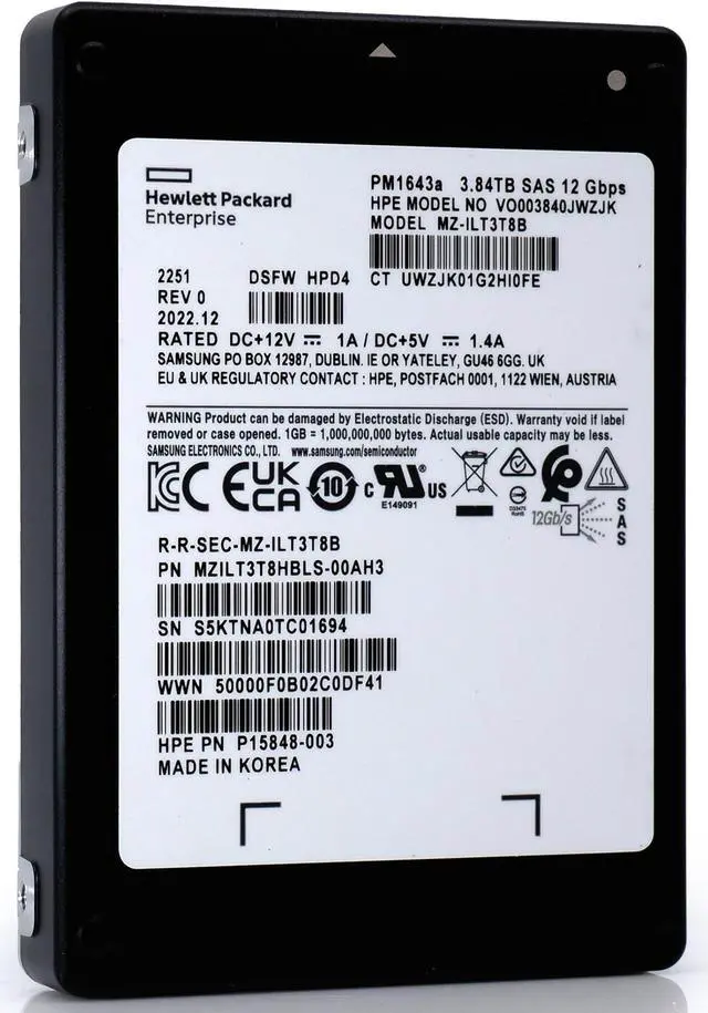 Alt view image 4 of 5 - (NOT FOR HOME PC!) Samsung MZILT3T8HBLS-00007 PM1643a Series 3.84TB 2.5" SAS 12Gb/s SSD - OEM