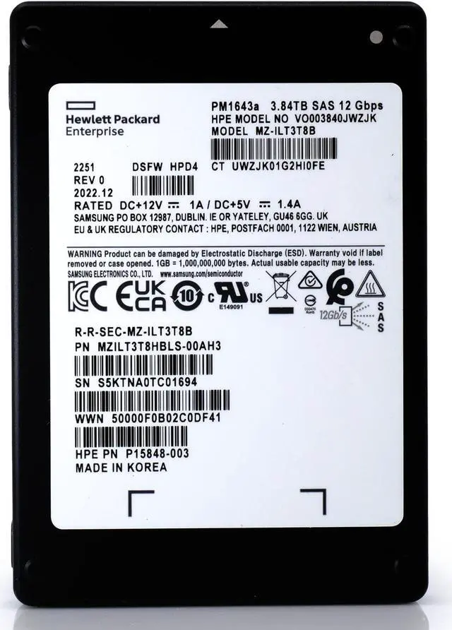 Alt view image 5 of 5 - (NOT FOR HOME PC!) Samsung MZILT3T8HBLS-00007 PM1643a Series 3.84TB 2.5" SAS 12Gb/s SSD - OEM