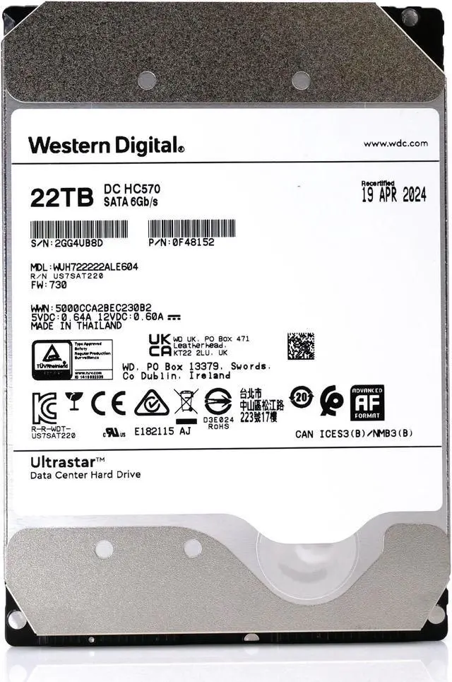 Alt view image 7 of 7 - Western Digital Ultrastar HC570 WUH722222ALE604 0F48152 22TB 7.2K RPM SATA 6Gb/s 512e Power Disable 3.5in Hard Drive