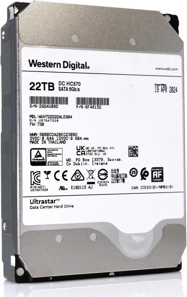 Alt view image 6 of 7 - Western Digital Ultrastar HC570 WUH722222ALE604 0F48152 22TB 7.2K RPM SATA 6Gb/s 512e Power Disable 3.5in Hard Drive