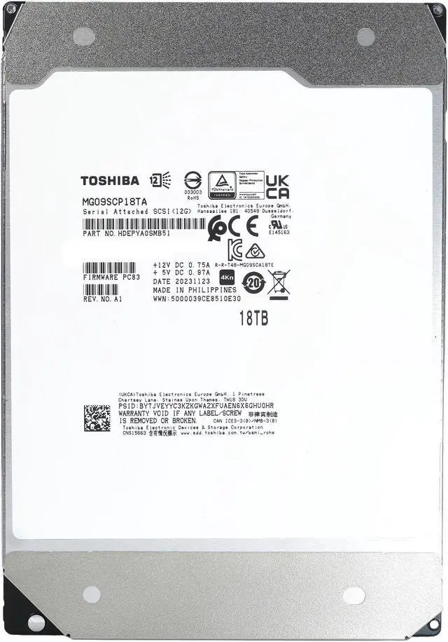 Alt view image 6 of 7 - Toshiba MG09 MG09SCP18TA HDEPYA0SMB51 18TB 7.2K RPM SAS 12Gb/s 4Kn SED 3.5in HDD