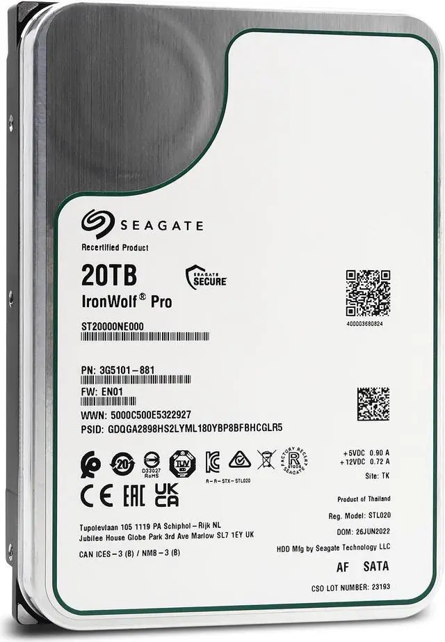 Alt view image 2 of 3 - Seagate IronWolf Pro 20TB NAS Internal Hard Drive HDD - CMR 3.5 Inch SATA 6Gb/s 7200 RPM 256MB Cache for RAID Network Attached Storage (ST20000NE000) (ST20000NE000)