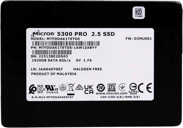 Alt view image 7 of 8 - Micron MTFDDAK1T9TDS-1AW1ZABYY Hard Drive SSD 1.92TB 2.5in, SATA, 6Gb/S, 3D TLC NAND, 1.5DWPD - 5300 PRO Series