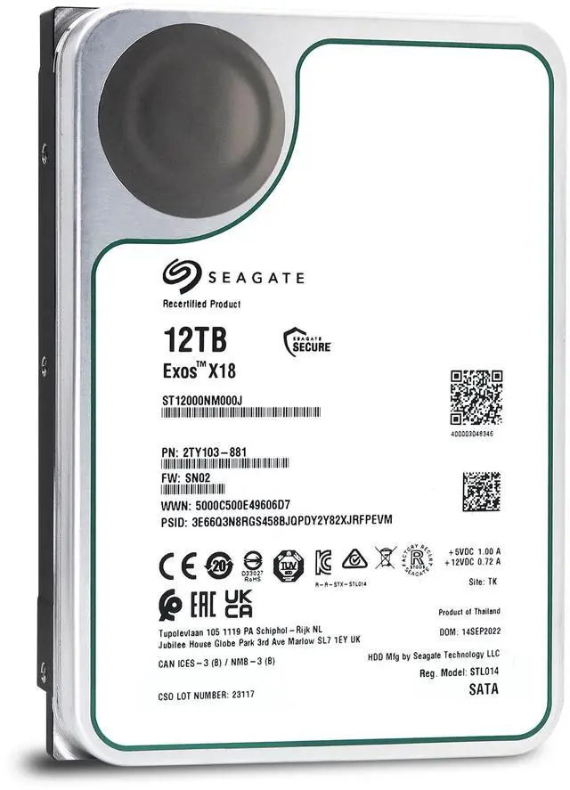 Alt view image 5 of 7 - Seagate Exos X18 12TB SATA 7,200 RPM 6Gb/s Enterprise HDD (ST12000NM000J)
