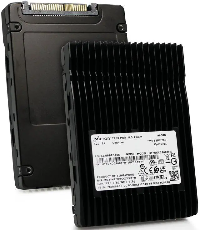 Alt view image 2 of 8 - Micron MTFDKCC960TFR-1BC1ZABYY Hard Drive 960GB SSD NVMe PCIe Gen4 U.3 15mm Non-SED - 7450 PRO Series