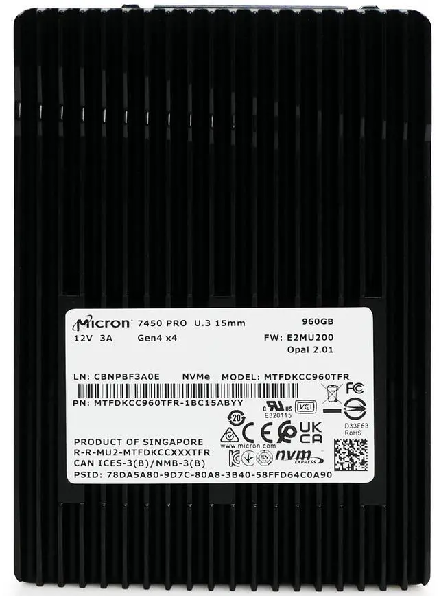 Alt view image 5 of 8 - Micron MTFDKCC960TFR-1BC1ZABYY Hard Drive 960GB SSD NVMe PCIe Gen4 U.3 15mm Non-SED - 7450 PRO Series