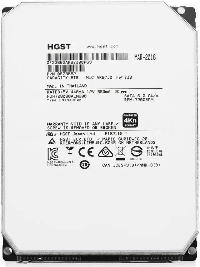 Alt view image 3 of 7 - HGST Ultrastar He8 8TB 4Kn SATA 6Gb/s 7200RPM 3.5" Enterprise HDD (HUH728080ALN600)