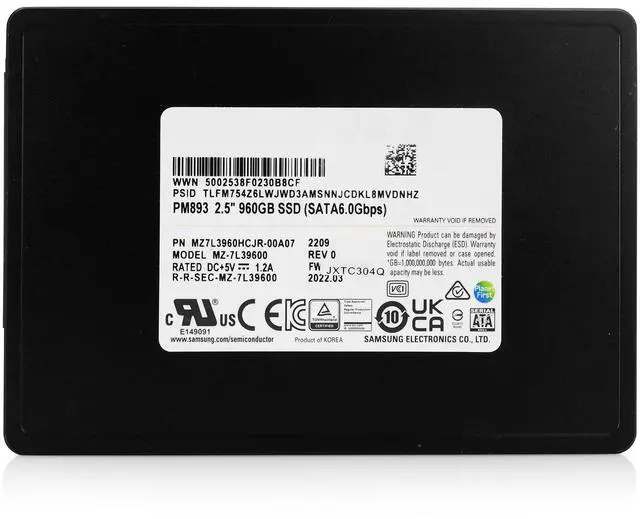 Alt view image 6 of 7 - Samsung PM893 MZ-7L39600 MZ7L3960HCJR-00A07 960GB SATA 6Gb/s 2.5in Refurbished SSD