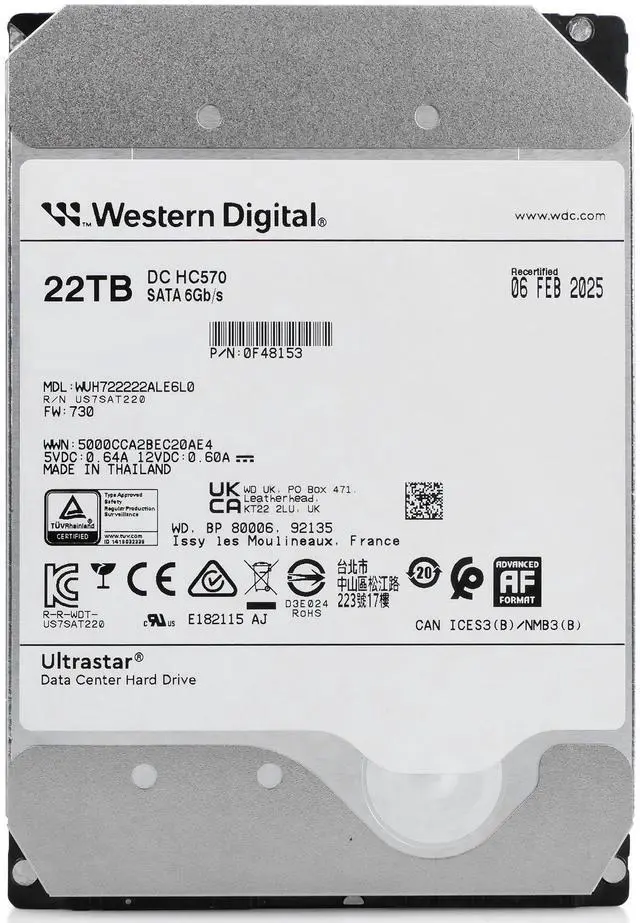 Alt view image 5 of 7 - Western Digital Ultrastar DC HC HC570 22TB WUH722222ALE6L0 0F48153 7.2K RPM SATA 6Gb/s 512e 3.5" Enterprise Hard Drive