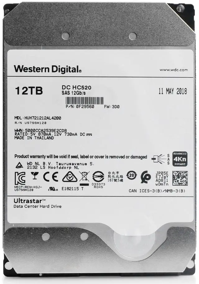 Alt view image 5 of 7 - Western Digital Ultrastar DC HC520 HUH721212AL4200 0F29560 12TB 7.2K RPM SAS 12 Gb/s 4Kn 3.5in Seller Refurbished HDD