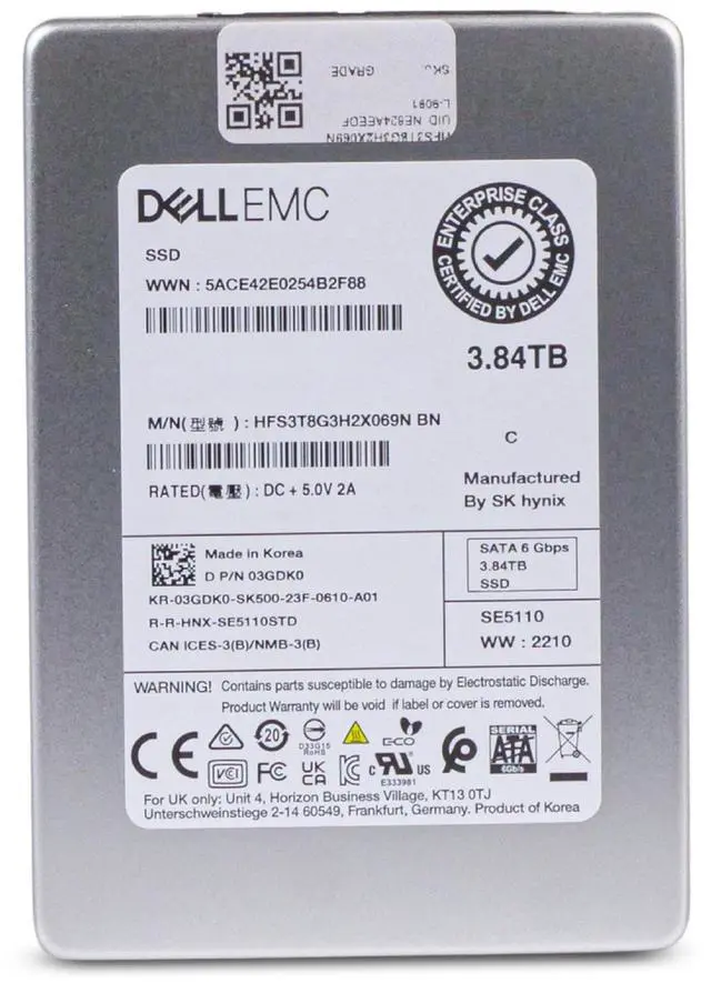 Alt view image 2 of 7 - Dell/SK Hynix SE5110 HFS3T8G3H2X069N 3.84TB SATA 6Gb/s 3D TLC 1 DWPD 2.5" Read Intensive Solid State Drive