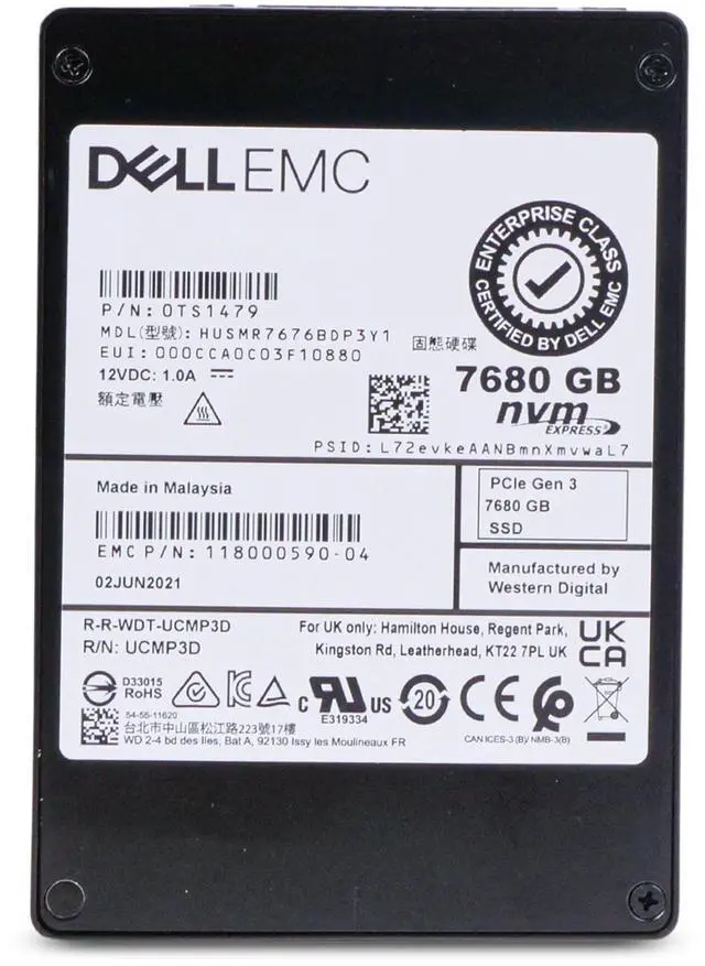 Alt view image 3 of 7 - Dell/Western Digital Ultrastar DC SN200 HUSMR7676BDP3Y1 0TS1479 7.68TB 1 DWPD PCIe Gen 3.0 x4 4GB/s MLC U.2 NVMe 2.5in Read Intensive Enterprise Solid State Drive