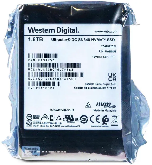 Main image of Western Digital Ultrastar DC SN640 WUS4CB016D7P3E3 0TS1953 1.6TB 2 DWPD PCIe Gen 3.1 x4 4GB/s 3D TLC U.2 NVMe 2.5in Enterprise Solid State Drive