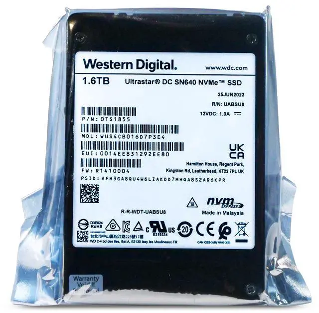 Main image of Western Digital Ultrastar DC SN640 WUS4CB016D7P3E4 0TS1855 1.6TB 2 DWPD PCIe Gen 3.1 x4 4GB/s 3D TLC U.2 NVMe 2.5in Enterprise Solid State Drive